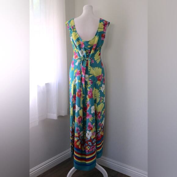 Vintage Y2K Mlle Gabrielle Dark Aqua Floral Print Sleeveless Tie Back Maxi Dress - Picture 6 of 7